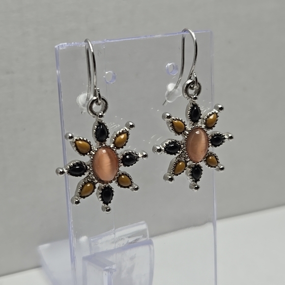 Vintage CHAPS Silvertone Flower Dangle Pierced Earrings Black Taupe Brown Stone - Picture 3 of 8